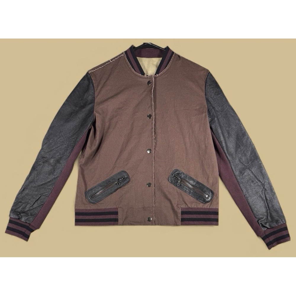 Womens jakett New York Genuine Leather Sleeved Brown Varsity Jacket Size S